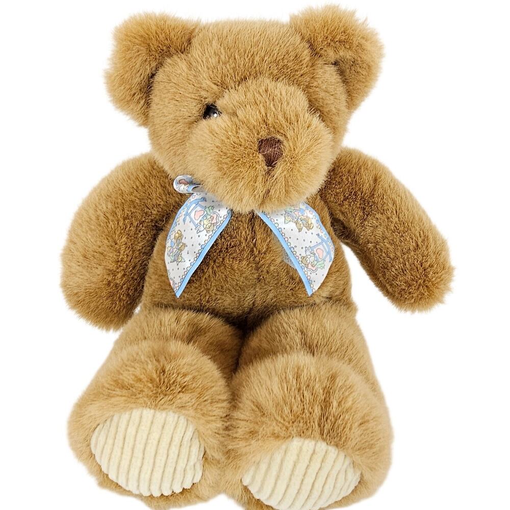 Vintage Teddy Bear Plush Rattle Toy Brown Stuffed Animal Blue Bow 11 Inch